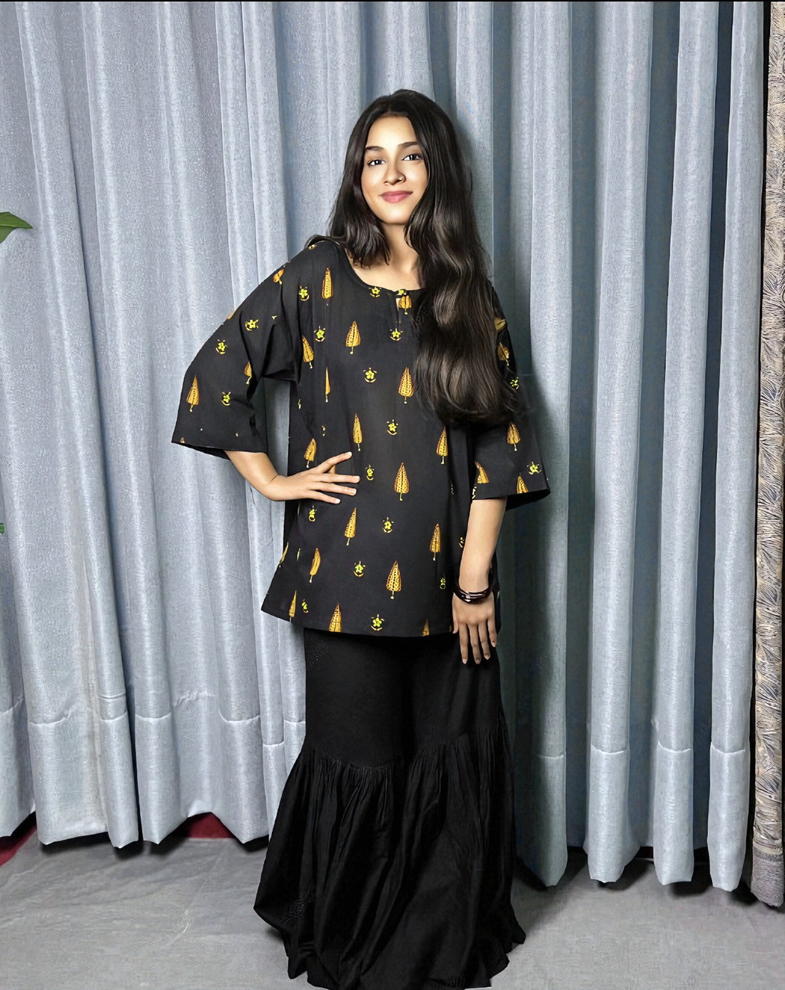 Elegant Black Printed Kurti Set